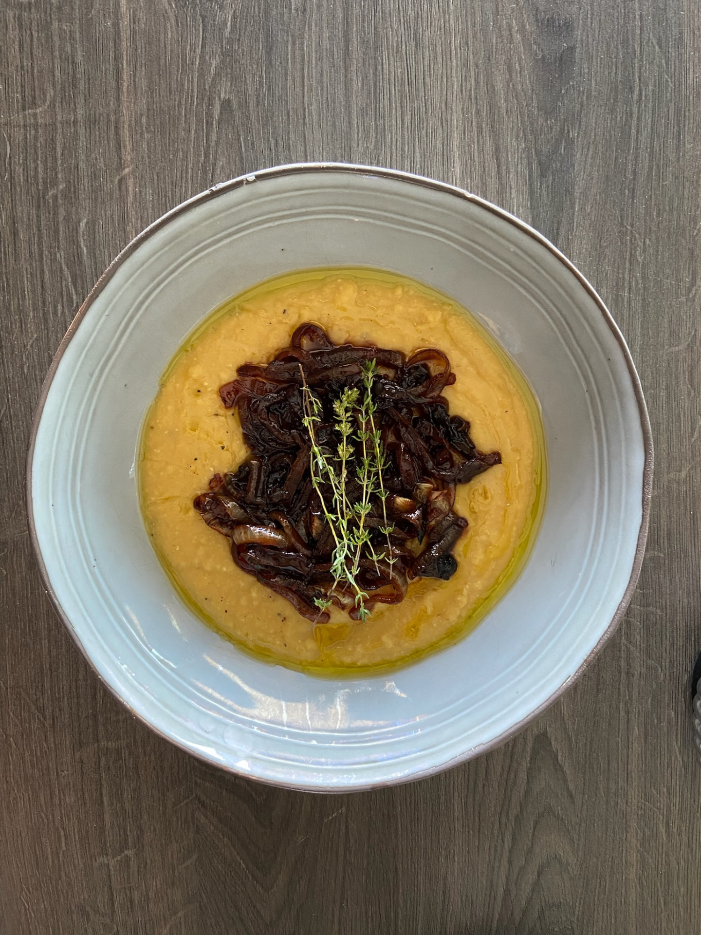Lemnos fava with caramelised onions, thyme and olive oil