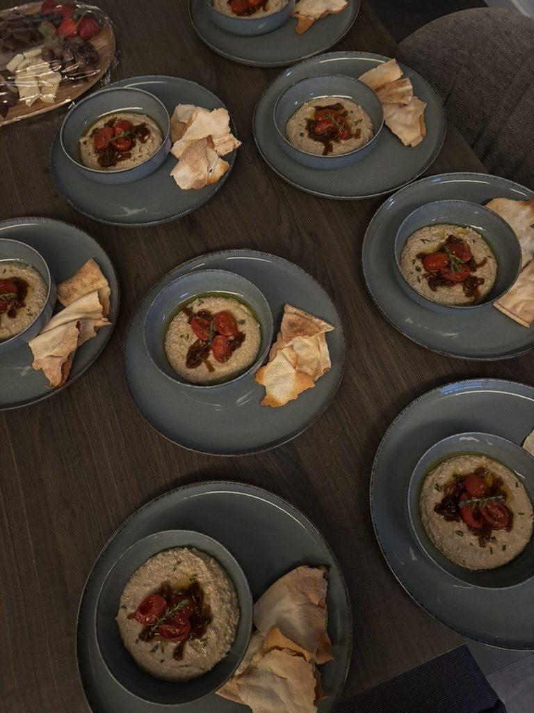 bites plated on blue-rimmed dishes ready to go out